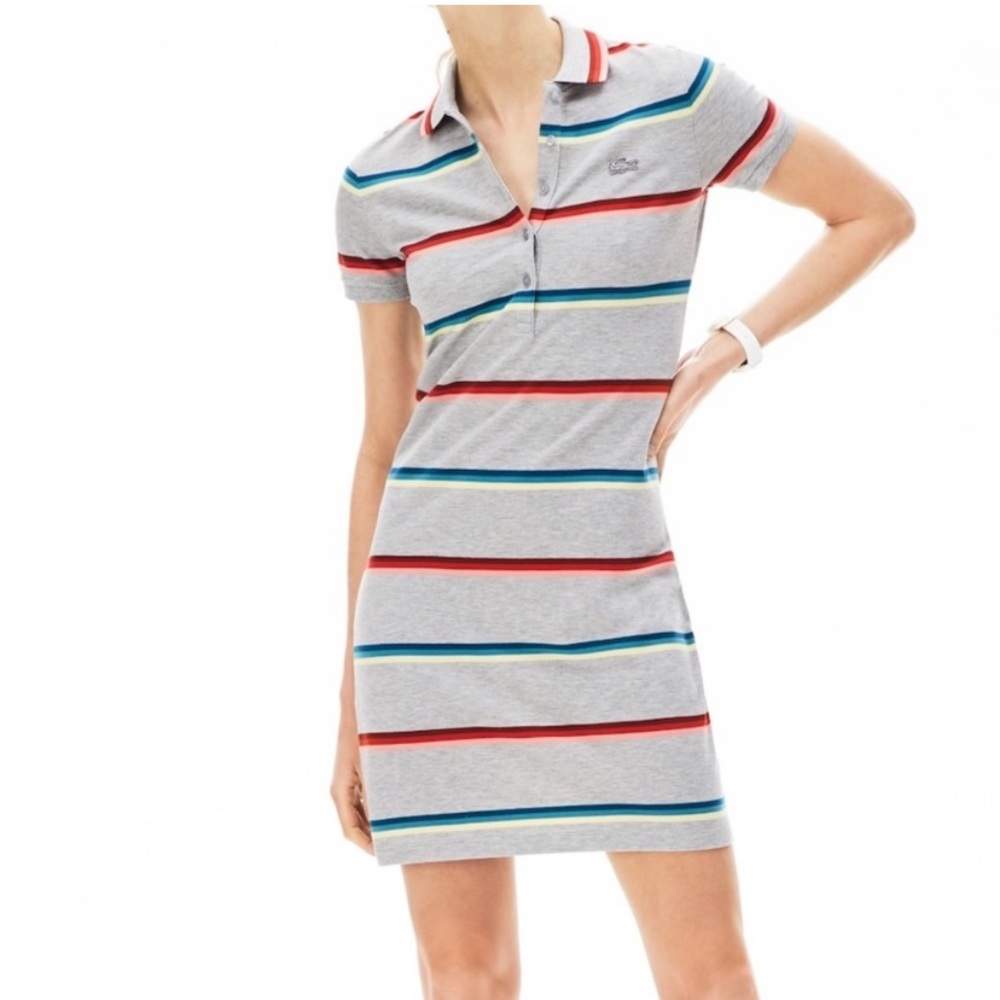 Lacoste Women's Striped Cotton Pique Classic Polo Dress, Silver Chine